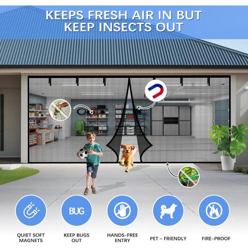 Garage Door Screen for 2 Car Garage 16x7FT, Magnetic Screen Garage with Retractable Fiberglass Mesh and Heavy Duty Weighted Bottom, Easy Assembly & Pass, Hands Free Door Screen Kit