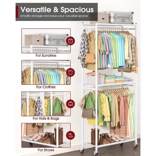 Sakugi Clothes Rack - 33.0 x 12.2 x 79.5 Clothing Rack with Shelves & Wheels, Multi-Functional Wardrobe Closet with Hooks, Sturdy Metal Garment Rack for Bedroom, Laundry, Balcony (White)