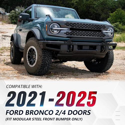 Bull Bar Grille Brush Guard with Light Bracket Compatible with 2021 2022 2023 2024 2025 2026 Ford Bronco (fit Modular Steel Front Bumper ONLY), Off Road Front Bumper Rack Rock Push Bar, Black