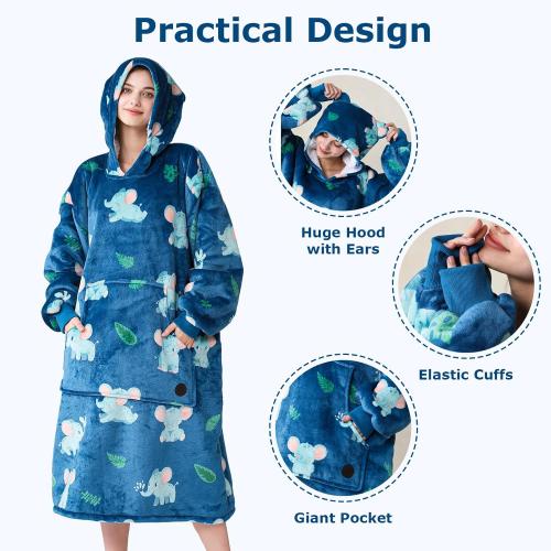 THREE POODLE Wearable Blanket Hoodie, Oversized Sherpa Sweatshirt Blanket for Adults Women Men, Warm Cozy Elephant Hooded Blanket, Gifts for Mom Girlfriend