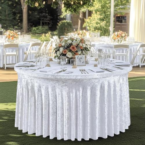 NSSONBEN 8 Pack White Velvet Round Tablecloth 60 inch, Thick Shiny Velour Stretch Fitted 5ft Round Tablecloths 120 inch, Wrinkle Free Spandex Table Covers with Skirt for Wedding Party Dining Banquet