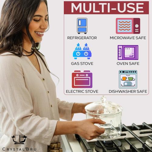 2L Clear Glass Simmer Pot with Lid & Strainer | Heat-Resistant Borosilicate Glass Pot for Pasta, Soup, Baby Food & Milk | Electric Simmer Tool for Home Fragrance | Anti-Scald Handles Missing Tap