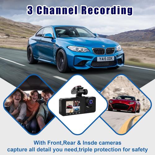 3 Channel Dash Cam Front and Rear Inside with 64GB Card, WIZACE1080P Dash Camera for Cars, Dashcam Three Way Triple Car Camera with IR Night Vision, Loop Recording, G-Sensor, HDR, 24 Hours Recording