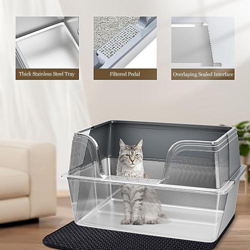 Vealind XXL Stainless Steel Cat Litter Box High Sided with Lid 23.7 L x 16 W x 14 H Anti Leakage Extra Large Metal Cat Litter Tray with Scoop and Mat for Big Cats (Grey)