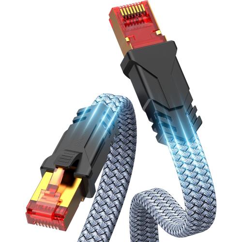 Snowkids Cat 8 Ethernet Cable 10 FT, Braided Heavy Duty High Speed Internet/LAN/Network Cable, 40Gbps 2000Mhz, Indoor and Outdoor Flat Patch Cord RJ45 Connector for Gaming, PC, Modem, Router