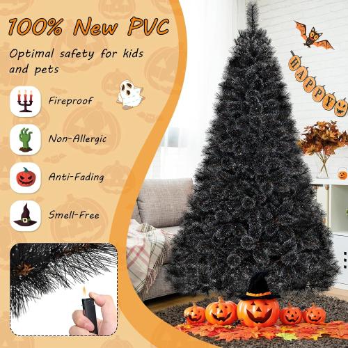 HAPPYGRILL 8 FT Pre-lit Black Christmas Tree, Artificial Halloween Tree w/860 Branch Tips, Frosted Pine Needles, 450 White LED Lights, Folding Metal Stand & Gloves, Hinged Xmas Tree for Carnival