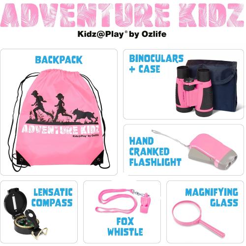 Adventure Kidz - Outdoor Exploration Kit, Children’s Toy Binoculars with Case, Flashlight, Compass, Fox Whistle, Magnifying Glass, Backpack. Great Gift Set for STEM, Pretend Play. Age 3