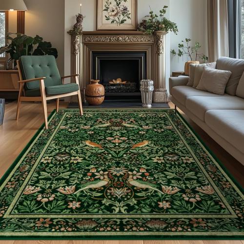 Vintage Washable Area Rugs for Living Room, Soft Green Boho Floral Large Bedroom Rug Non-Slip Botanical Dining Room Rug, Retro Flower Birds Floor Carpet for Kids Room Classroom