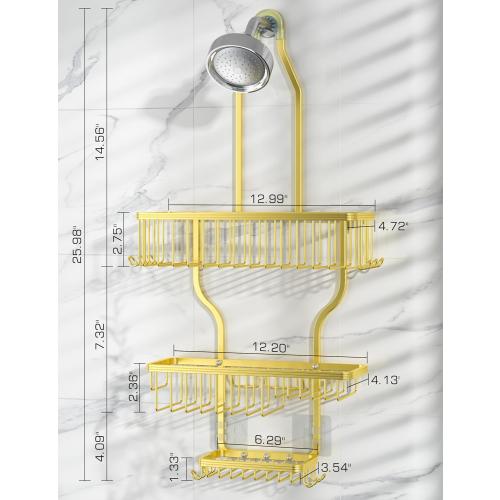 Gold Shower Caddy Over Shower Head Never Rust Aluminum Large Hanging Shower Caddy with 10 Hooks for Razor/Sponge - Over The Shower Head Caddy with Soap Basket - Hanging Shower Organizer Gold
