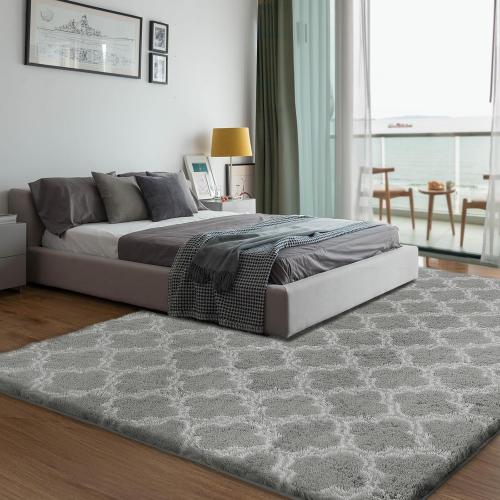 Shag Area Rug 5x7 Feet Extra Soft Rugs for Living Room, High Pile Indoor Carpet for Bedroom, Kids Room, Nursery, Home Decor, Geometric, Light Grey/White