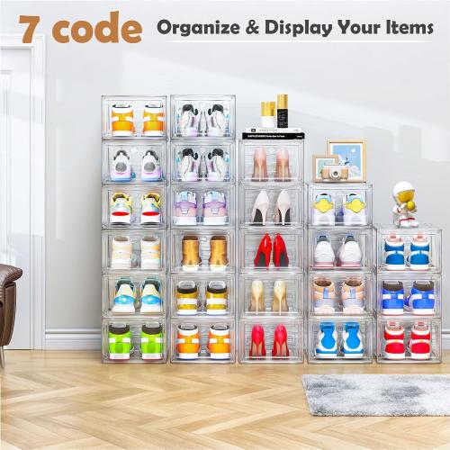 Large Thick Clear Shoe Organizer, Magnetic Door Stackable Shoe Storage Box