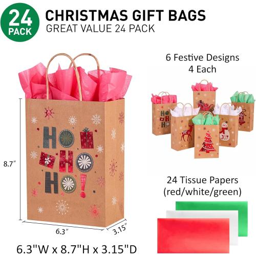 SUNCOLOR 24 Pack Small Christmas Gift Bags With Tissue Paper