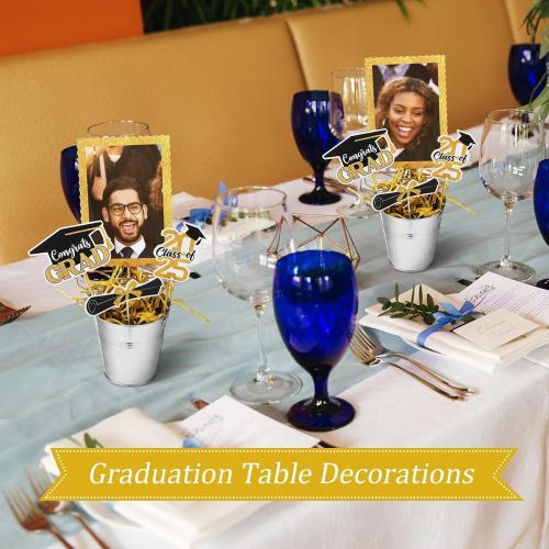 6 Set 2025 Graduation Table Centerpieces Photo Table Toppers with Small Galvanized Buckets and Shredded Paper Filler for Class of 2025 Graduation Party Decoration(Blue)