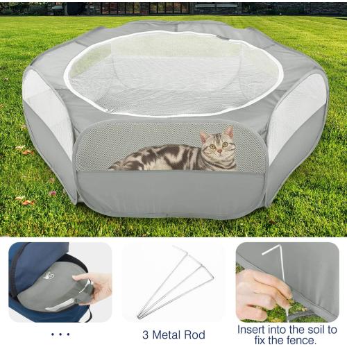 Pawaboo Small Animals Playpen, Waterproof Small Pet Cage Tent with Zippered Cover, Portable Outdoor Yard Fence with 3 Metal Rod for Chick/Kitten/Puppy/Guinea Pig/Rabbits/Hamster/Chinchillas,Light Gray