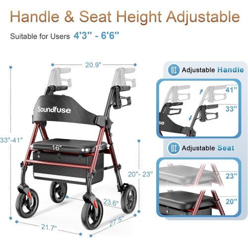 Black Rollator Walkers with Seat for Seniors, Foldable 8 Big Wheels All Terrain Rolling Walker, Handles and Ergonomic Seat Height Adjustable, 350lb Weight Capacity
