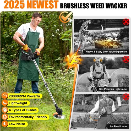 Electric Weed Wacker Cordless stringless,Grass Trimmer,with 2 Batteries, 1 Charger, 3Types Blades, Weed Wacker Eater Battery Powered Lightweight Battery Weed Trimmer for Yard and Garden