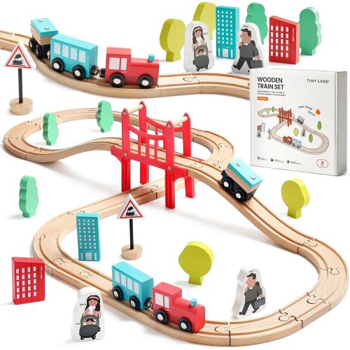 Tiny Land Wooden Train Set for Toddler - with Wooden Tracks Compatible with Major Brands - Expandable, Changeable-Train Toy for 3 4 5 Years Old Girls & Boys