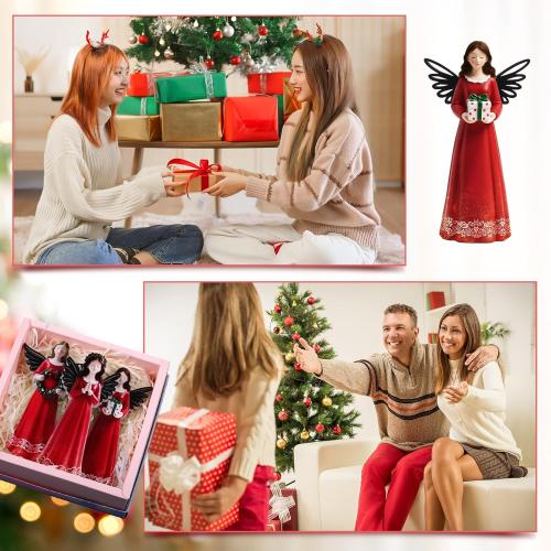 3 Pcs Christmas Angel Figurine Wooden Angel Statues Figurine Christmas Sculpted Wings with Wreath Table Decoration for Xmas Gifts Home Office Decor Party Supplies