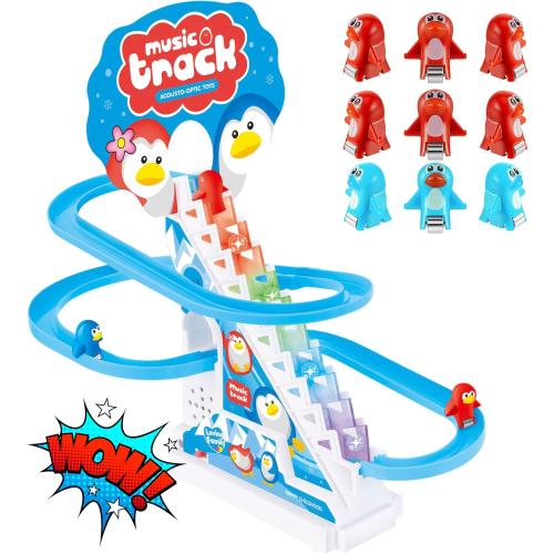 QUENTRO Penguin Slide Toy Set – Stair Climbing Roller Coaster with Sliding Tracks, 9 Racing Penguins & 3-Speed Switch – Lights, Music & Quiet Mode – Educational Playset for Kids & Toddlers