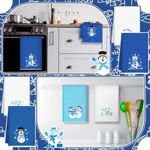Geyoga 6 Pcs Winter Hand Towels Snowman Embroidered Blue Rustic Bathroom Towels for Winter Bathroom Kitchen Farmhouse Decor Gifts, 13.8 x 23.6 Inch