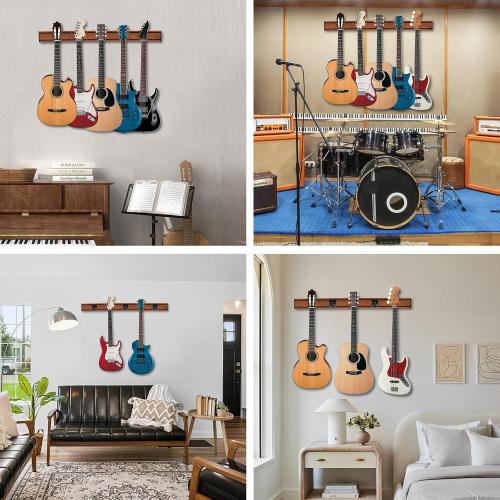MOREYES Guitar Wall Mount - Holds Multiple Guitars, 5 Rotatable Hooks - Suits Acoustic, Electric, Bass - Alloy Steel, Rosewood
