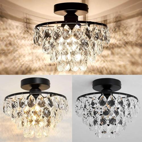 YYJLX Modern Small Crystal Ceiling Light Fixture Mini Black Semi Flush Mount Chandelier Light Fixture for Hallway Bedroom Bathroom Closet e26