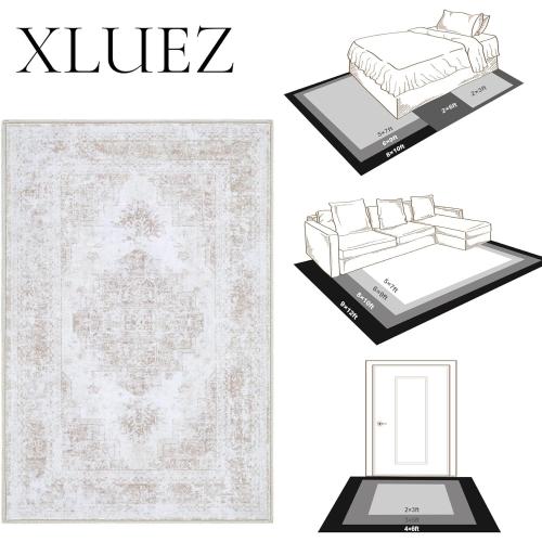 Area Rug 6x9 Living Room Rug, Machine Washable Vintage Distressed Medallion Rug Non-Slip Soft Low Pile Large Indoor Rugs for Bedroom Kitchen Dining Room Office(Beige,6'x9')