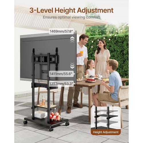 Rolling TV Stand with Soundbar Mount for 37-75inch TVs up to 154lbs | Swivel&Tilt Mobile TV Stand with Large Storage,Height Adjustable,Steel Base,Max VESA 600x400mm,Sturdiness,Easy Assembly,Black