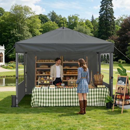 Raynesys Pop Up Canopy Tent with Sidewalls, 10x10ft 10 Person Party Tent One Push Setup, Portable Gazebo Outdoor Sun Shade for Events, Parties, Camping, Commercial, Silver Coated Top, Gray
