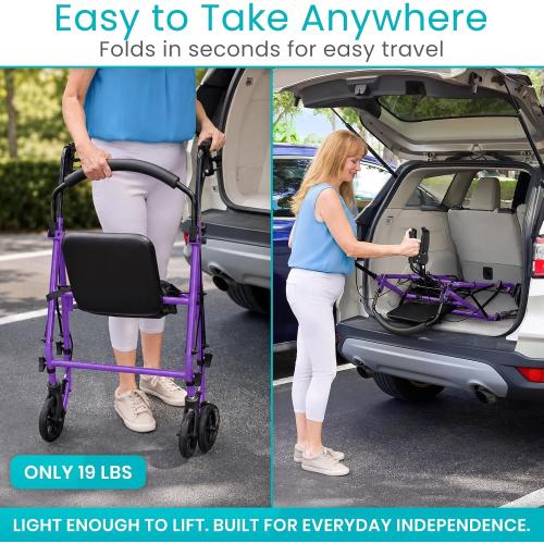 Vive Mobility Steel Rollator Walker with Seat - Foldable, Narrow, Rolling