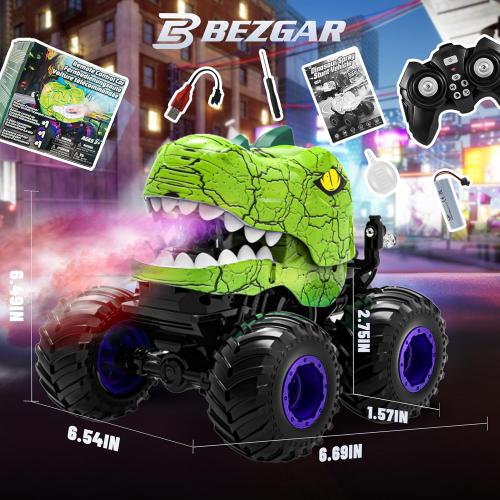 BEZGAR Monster Truck Toys - Remote Control Monster Truck with Spray, Light, Music, Dinosaur Toys for Kids, 1:20 Scale RC Truck with 360° Spins and Drifting, Remote Control Car for Boys 4-7 Green