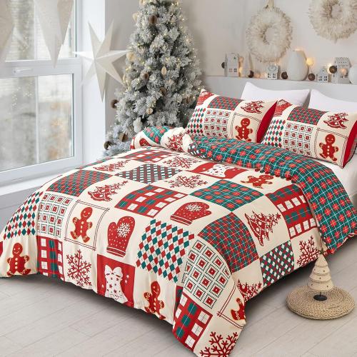 Dobuyly Christmas DuveSet Queen Christmas Tree Snowflake Bell Pattern Patchwork Bedding Set Reversible Red Green Plaid Xmas Comforter Cover with 2 Pillowcases