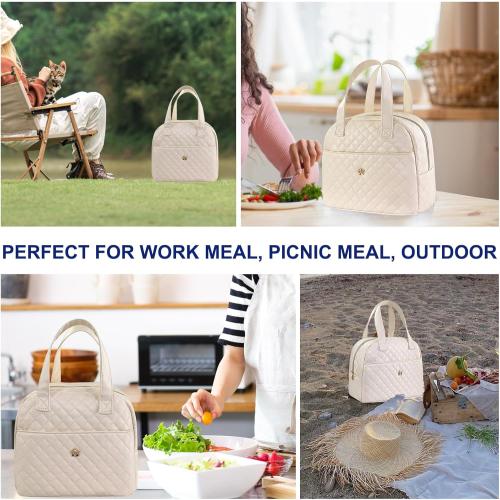 Insulated Lunch Bag for Women Men, PU Leather Lunch Tote Bag for Women Aesthetic Lunch Box Bag Thermal Bento Cooler Bag Sack Food Handbags for Work Office Picnic Travel (Beige)