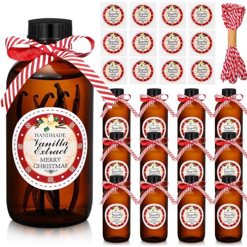 Uiifan 12 Pack Boston Glass Bottle, Bottles for Homemade Vanilla Extract Vanilla Extract Bottles Brown Glass Bottles Amber Bottles and 12 Pcs Vanilla Extract Stickers for Christmas Syrup Gift (2 oz)
