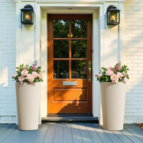Tall Planters for Outdoor Plants Set of 2 - Fluted Large Outdoor Planters for Front Porch Decor with Drainage Hole, Plastic Round Flower Pots Fits Indoor Plants Patio/Garden, Beige