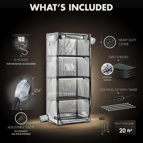 Mushroom Grow Tent with 6500K LED Light & Timer, 4-Tier Shelves | Fits Humidifier,Fits FAE, Waterproof Tray Included, 4 Vents, Fits Up to 8 Monotubs, Martha Tent