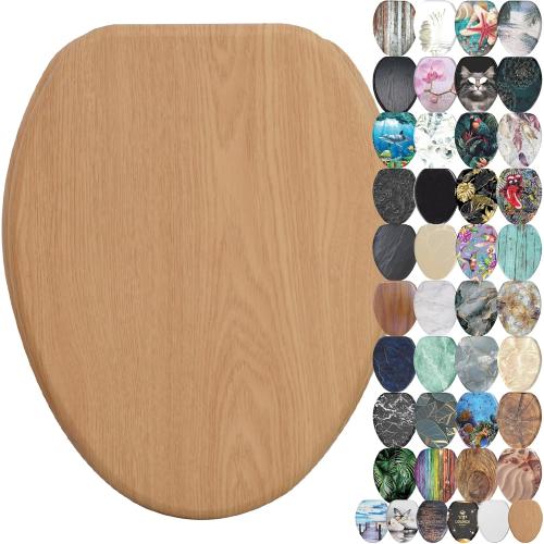SANILO Wooden Toilet Seat with Soft Close [ELONGATED] - Decorative, Quiet & Slow Close Molded Wood Seat - With Strong Bumpers & Hinges - Adjustable Fit - Wood