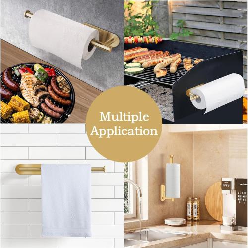 Self Adhesive Paper Towel Holder Under Cabinet Mount, Wall Mounted Paper Towel Roll Holder for Kitchen, Bathroom, Wall,BBQ Grill, Gold