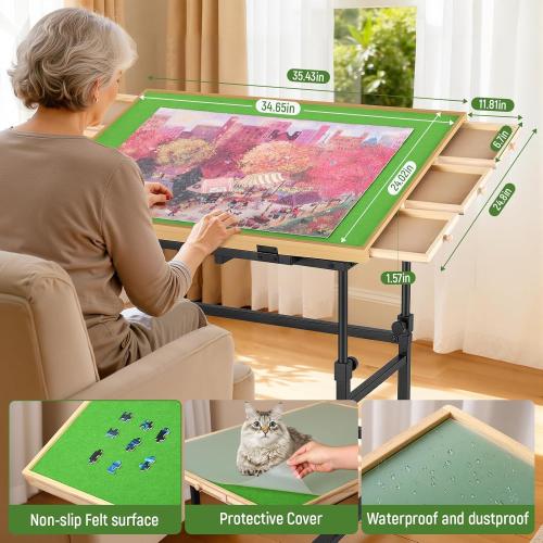 1500 Piece Jigsaw Puzzle Table with Metal Lazy Susan, Rotating Adjustable Height Puzzle Desk with Legs for Adults, 4-Tilting-Angle Portable Wooden Game Board with 6 Drawers & Cover