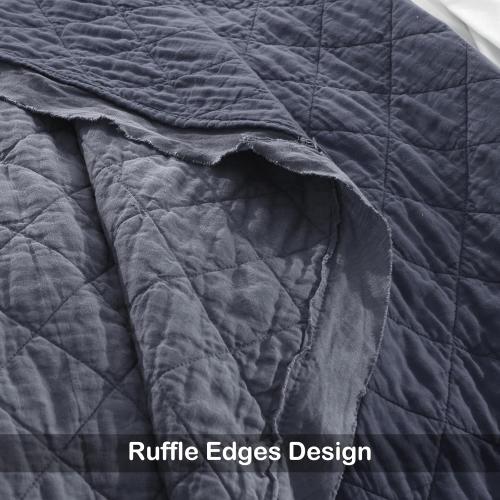 HORIMOTE HOME 100% Linen Front/100% Cotton Back Quilt Set King Size, Steel Blue Pre-Washed European Flax Linen Quilt, Diamond Stitch Bedspread Coverlet Bedding Set 3-Piece for All Seasons