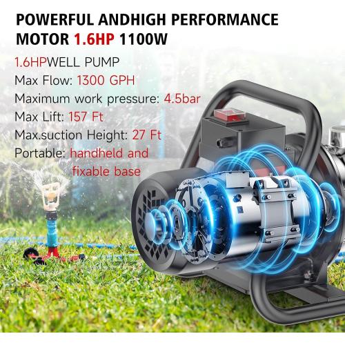 1.6HP Shallow Well Pump, 1300GPH Shallow, Portable water, for Garden Farm Irrigation Lawn, Sprinkler System, transfer pump Remove Standing Water, Landscape Fountain.