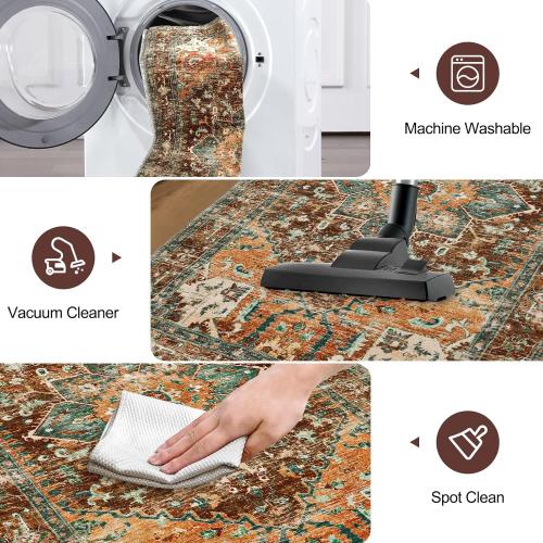 Yamaziot Washable Runner Rug, Non-Slip Boho Vintage Hallway Rug with Rubber Backing, Low Pile Faux Wool Distressed Carpet Runner for Bedroom, Kitchen, Laundry, Entrance (168 x 28)