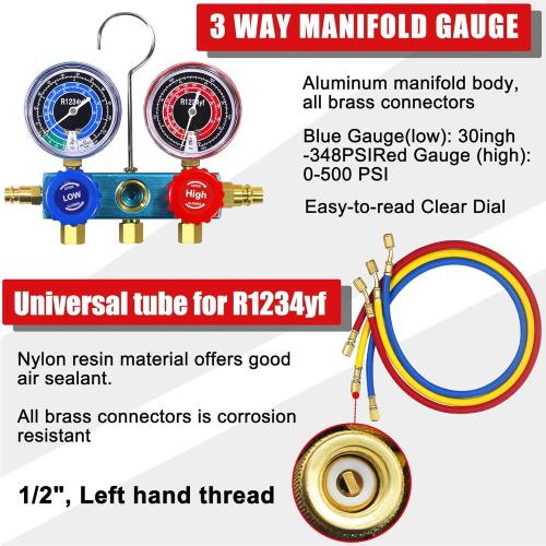R1234yf AC Gauges, 3 Way 1234yf AC Manifold Gauge Set Car Air Conditioner Recharge Kit with 5FT Hoses R1234yf Quick Couplers Valve Core Remover