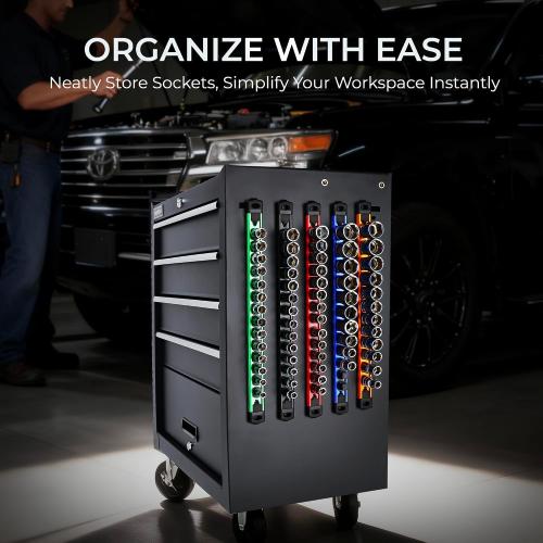 Reniteco Magnetic Socket Organizer, 3/8 Drive Aluminum Alloy Socket Rail, Heavy Duty Magnetic Socket Holder with 14PC 360° Swivel Removable Clips, Magnetic Socket Rack for Tool Box Drawer, Black