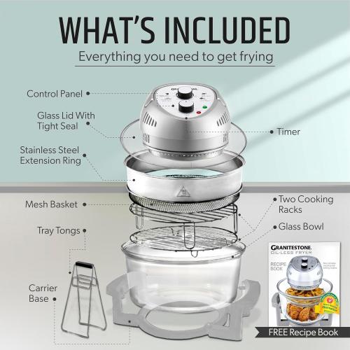 Granitestone 16Qt Large Glass Air Fryer Non Toxic – Family Sized Airfyrer Cooker with 3 Cooking Sections, Stainless Steel Racks, for French Fries, Chicken, No Preheat, Self Cleaning, Dishwasher Safe
