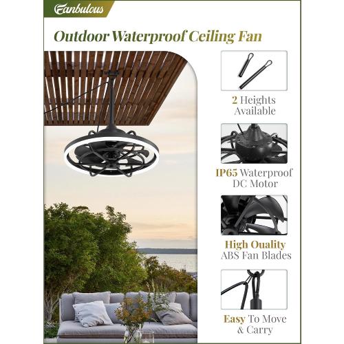 Fanbulous Outdoor Ceiling Fans with Light for Patios, 20 Weatherproof Plug in Ceiling Fan, Gazebo Fan Remote&APP Control, 3CCT Dimmable,Caged Ceiling Fan with Hanging Hook for Porch, Pergola,Canopy