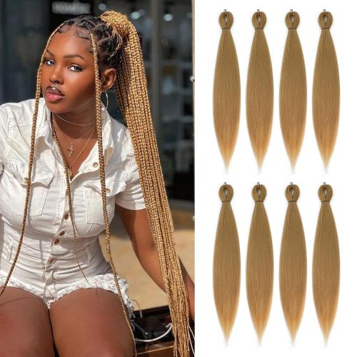 Pre-stretched Braiding Hair - 24 Inch 8 Packs Blonde Long Braiding Hair For Twist or Box Braids, Yaki Texture Hot Water Setting Synthetic Braiding Hair Extensions (24 Inch, #27-8P)