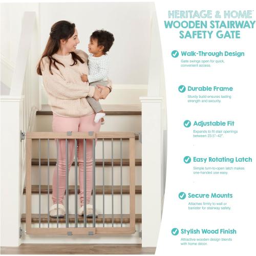 Regalo Safety 23.5-42 Heritage & Home Wooden Baby Gate for Stairs & Doorways, Walk Through Stair Gate with Door for Babies, Toddlers, & Pets, American Designed and Owned