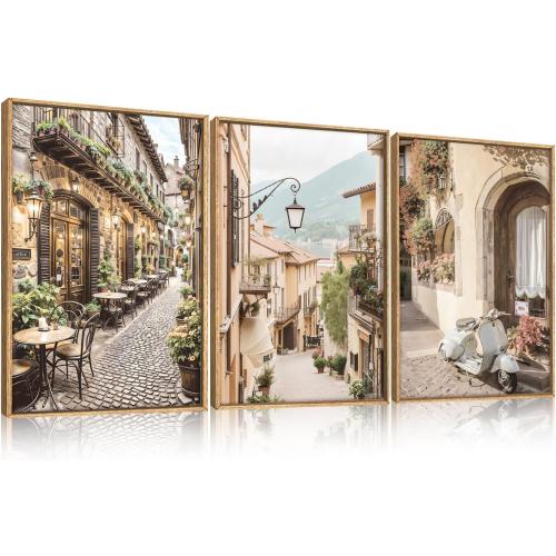HPINUB Foreign Scenery Framed Canvas Wall Art Set,Vintage Travel City Wall Decor,Modern Minimalist Europe Street Picture Artwork Nature Landscape Art Print for Living Room,Bedroom-16 x24 x3