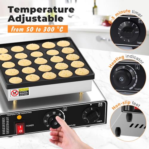 Size 25 Mini Pancake Maker, 25 Hole Mini Pancake Griddle, Commercial Non-Stick Dutch Pancake Maker with Temperature and Time Control for Breakfast, Desserts, Snacks and More